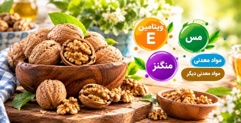 تصویر گردو و نوشته هایی از ویتامین ها و مواد معدنی موجود در گردو