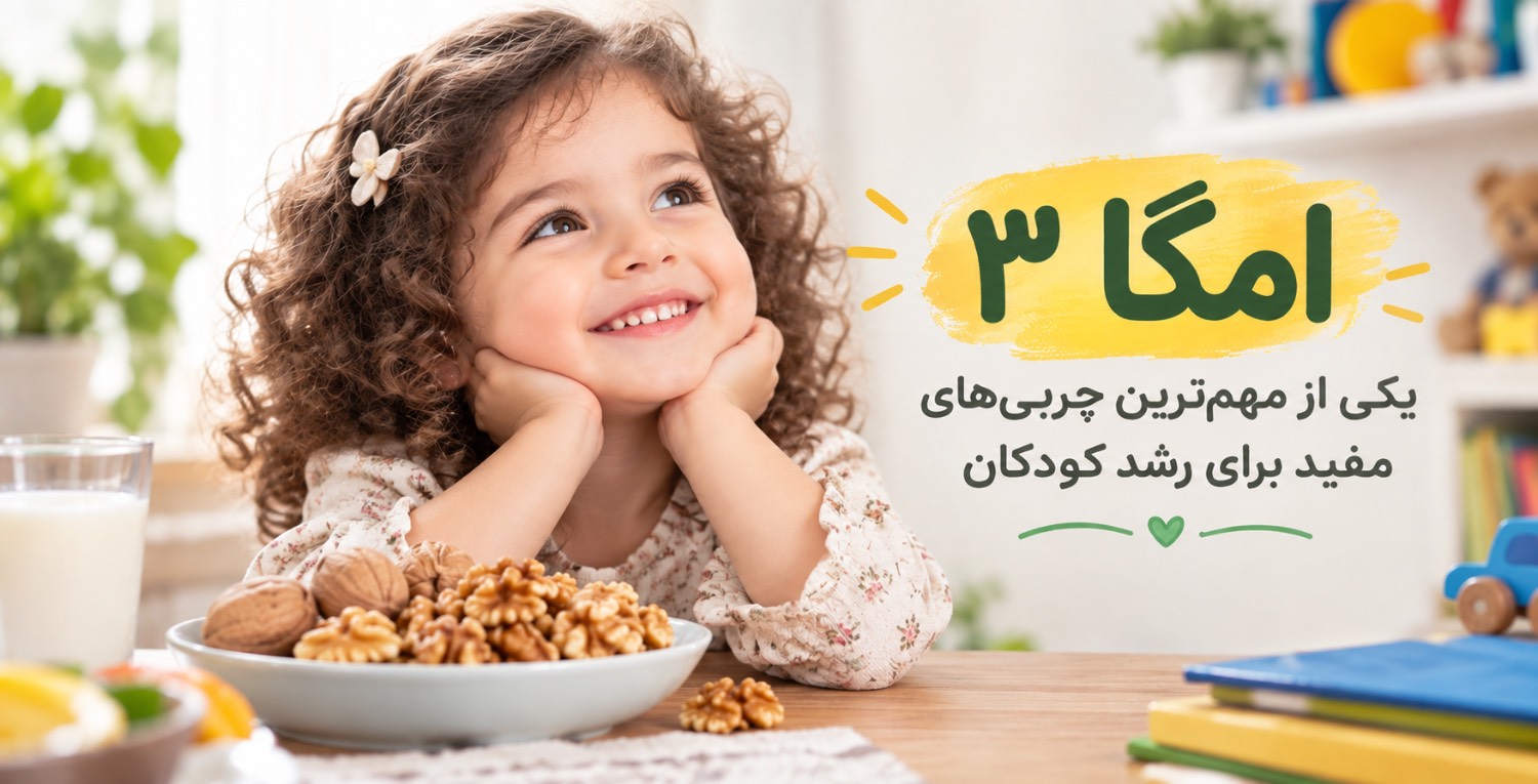 تصویری که یک ظرف گردو توش هست به همراه نوشته ای در مورد امگا 3